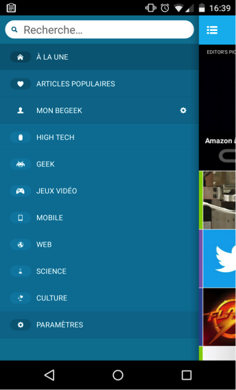 menu de l'appli mobile begeek